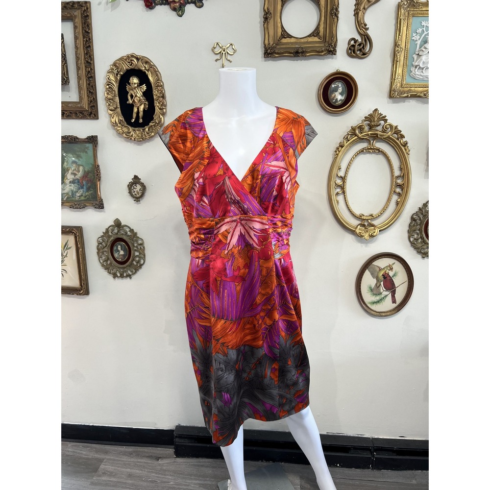 Kay Unger New York Tropical Floral Print Ruched V-Neck Cocktail Dress Size 12